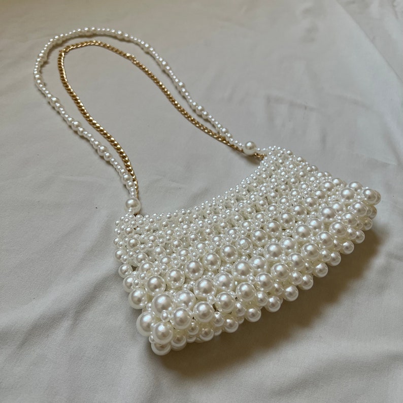 Pearl Beaded Shoulder Bag, Pearl Bridal Bag, Wedding Pearl Purse, Vintage Pearl Bead Bag, Victorian Pearl Bag, White Bead Bag image 2