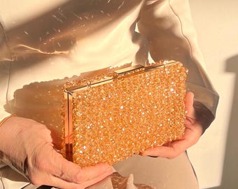 Gold Crystal Beaded Clutch Bag: Handmade Evening Shoulder Bag
