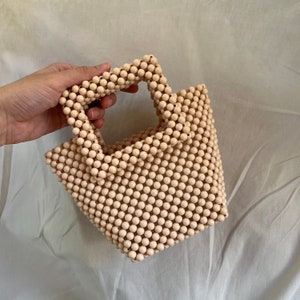Beige Beaded Bag for Women, Top Handle Bead Bag, Boho Women Handbag, Bead Bag Handle, Square Beaded Bag, Vintage Beaded Bag