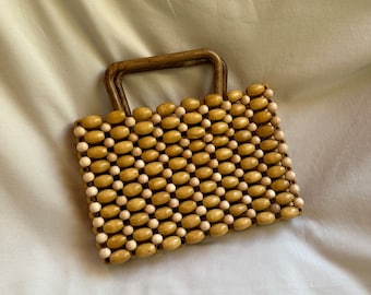 Wood Bead Bag, Boho Women Handbag, Square Beige Wood Bead Bag, Boho Bamboo Clutch, Beaded Handbag, Vintage Bead bag, Boho Top Handle Bag