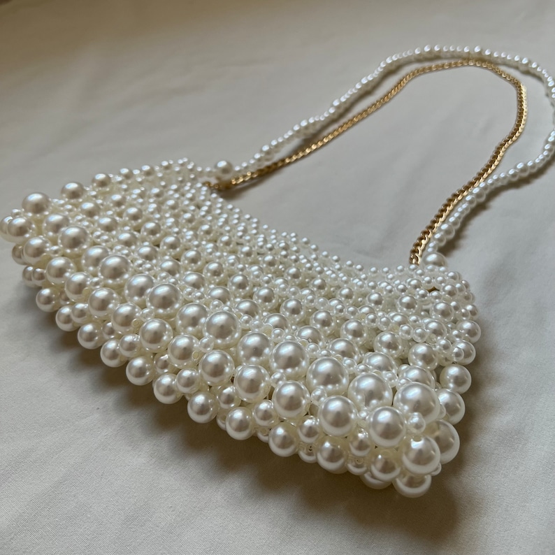 Pearl Beaded Shoulder Bag, Pearl Bridal Bag, Wedding Pearl Purse, Vintage Pearl Bead Bag, Victorian Pearl Bag, White Bead Bag image 7