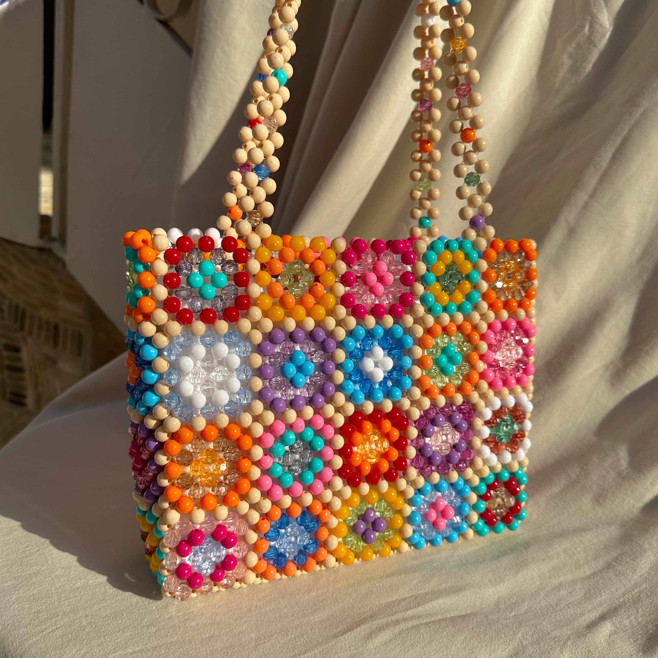 Handmade Beaded Granny Square Bag: Rainbow Boho Tote - Etsy