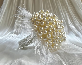 Handmade Pearl Wedding Bouquet, Ivory Bridal Keepsake, Feather Accent