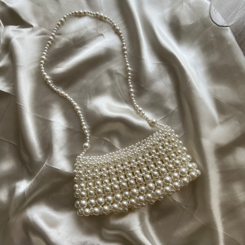 Pearl Beaded Shoulder Bag, Pearl Bridal Bag, Wedding Pearl Purse, Vintage Pearl Bead Bag, Victorian Pearl Bag, White Bead Bag image 8