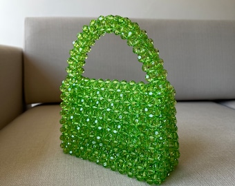 Green Crystal Bead Bag, Top Handle Bead Bag, Women Bead bag, Bead Shoulder Bag, Bead Bag Vintage, Boho Bead Bag, Women handbags