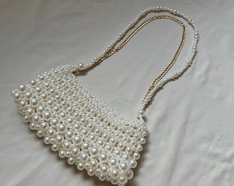Pearl Beaded Shoulder Bag, Pearl Bridal Bag, Wedding Pearl Purse, Vintage Pearl Bead Bag, Victorian Pearl Bag, White Bead Bag