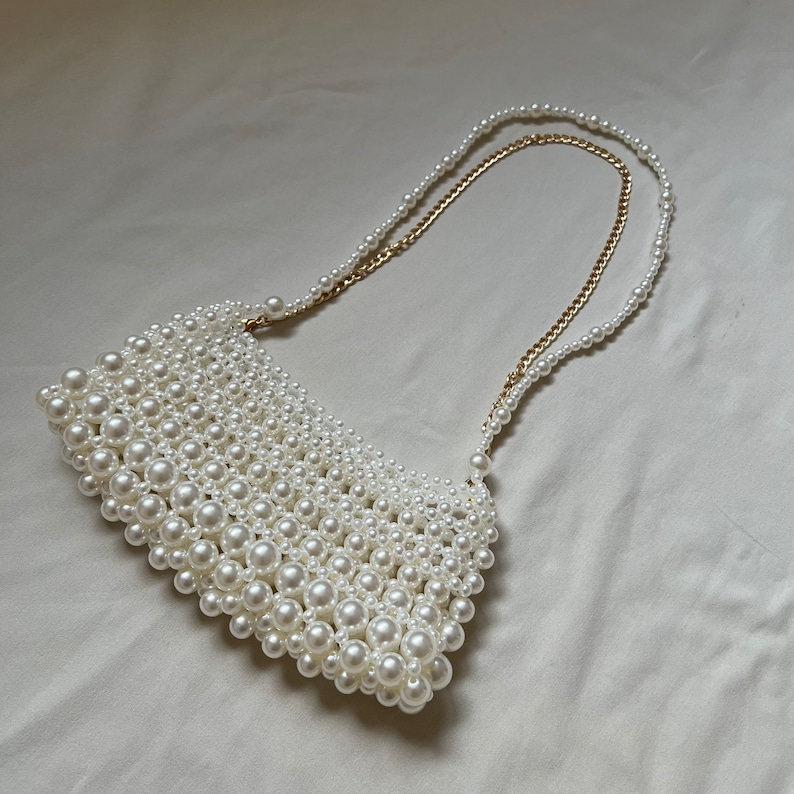 Pearl Beaded Shoulder Bag, Pearl Bridal Bag, Wedding Pearl Purse, Vintage Pearl Bead Bag, Victorian Pearl Bag, White Bead Bag image 1