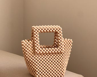 Handmade Beige Beaded Bag: Boho Chic Shoulder Bag