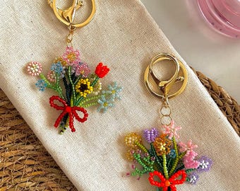 Beaded Flower Keychain, Personalized Name Flower Bouquet, Custom Name Keyring, Beaded Bag Charm, Valentines Keychain