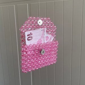 Cartera con cuentas rosas, tarjetero con cuentas, bonito tarjetero, cartera con cuentas de cristal, bolso con cuentas de cristal