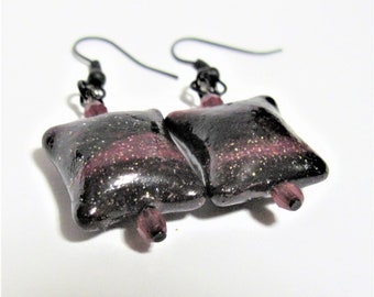 Earrings Polymer Clay Square Pillow Beads and Glass Beads Multicolor Fuschia Purple Black Star Dust Dangle Drop Earwire