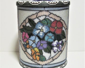 Huge Fully Hand Beaded Container Traditional Peyote Stitch Floral Pattern Multicolor Jar Bottle Box Canister Vessel Southwestern Art Glass