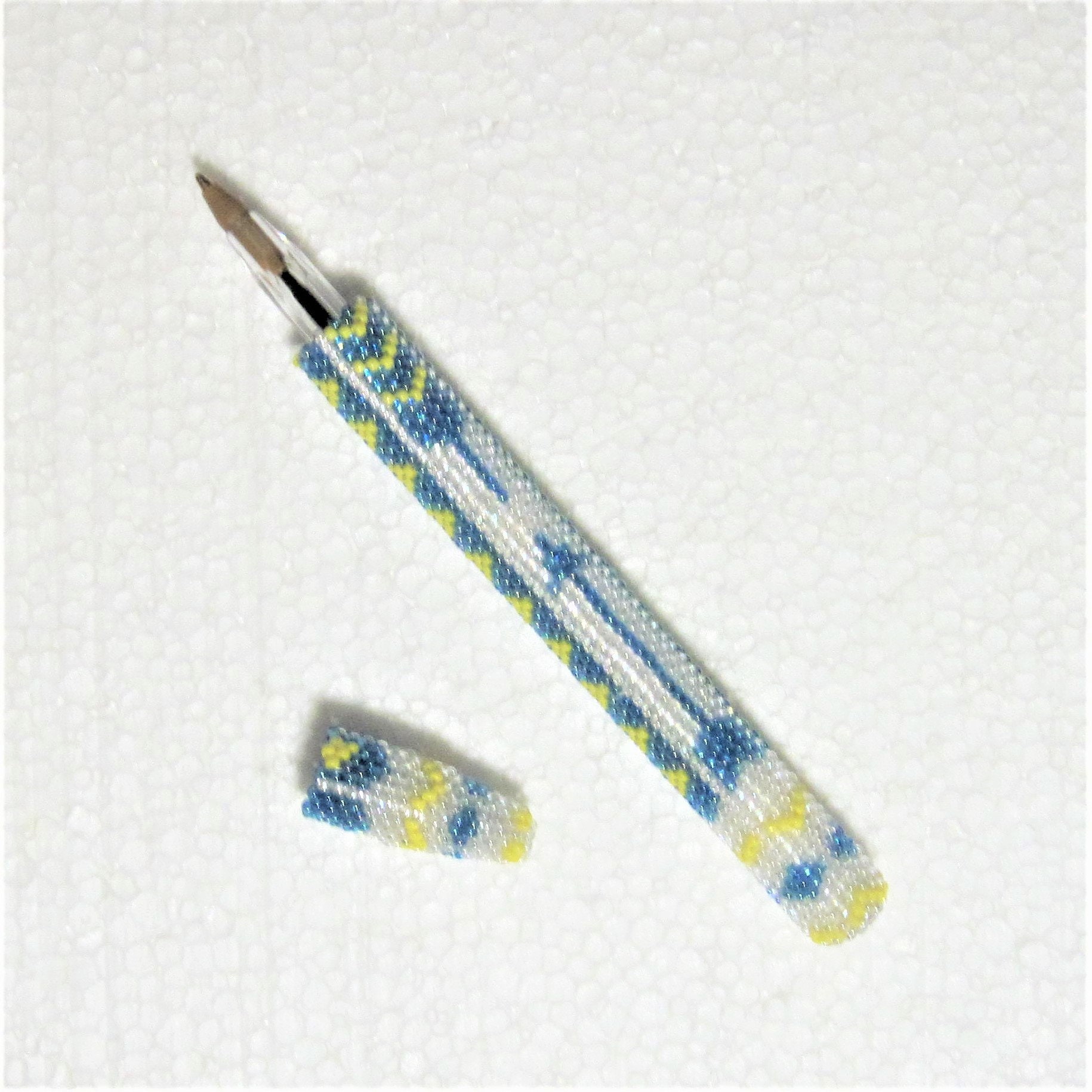 Feathers and Arrows Hand Beaded Bic Pen Traditional Peyote Stitch Aqua ...