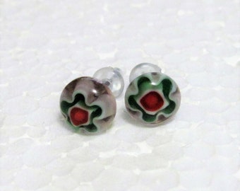 Millefiori 1000 Flowers Post Earrings Lavender Green White and Orange Glass Gems Nickel Free 8mm Studs