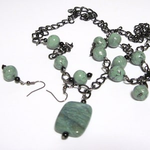 Jewelry Set Ocean Jasper Black Onyx and Polymer Clay Necklace Bracelet Earrings Green Gray Black Earthy OOAK