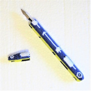 Feathers and Arrows Hand Beaded Bic Pen Traditional Peyote Stitch Blue Yellow White Seed Bead Beadwork Fully Beaded Including Cap