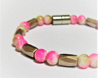 7.25 inch Bracelet Magnetic Hematite Gemstone with mottled Glass Beads in Taupe White Pink Therapy Healing Therapeutic