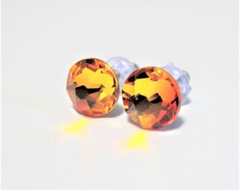 Fire Opal Crystal Post Style Earrings 7mm Hypo Allergenic Nickel Free Studs Swarovski