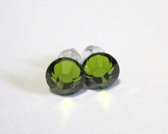 Olivine Crystal Post Style Earrings 7mm Hypo Allergenic Nickel Free Studs Swarovski