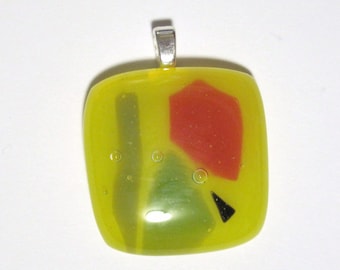 Abstract Fused Glass Pendant Necklace Yellow Orange Green Blue