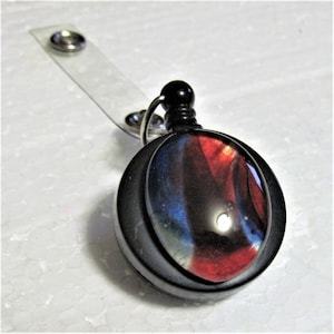 ID Badge Reel OOAK Fused Glass Decoration Hot Rocks ID Holder Retractable Black Round Red White Blue Keychain