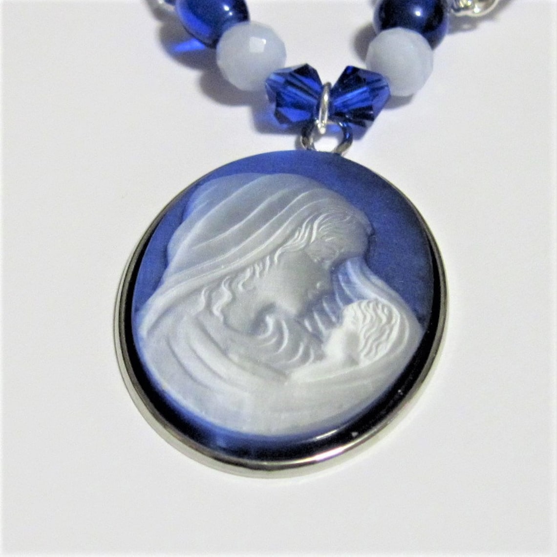 Mother and Child Cameo Pendant Beaded Necklace 20 Inch Blue Etsy