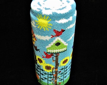 Fully Hand Beaded Container Traditional Peyote Stitch Birds Birdhouses Multicolor Jar Bottle Box Canister Vessel Southwestern Art