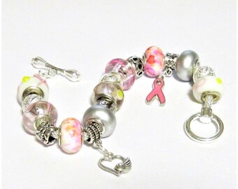 Breast Cancer Awareness Bracelet Large Hole Beads Pink Yellow Silver 7 inch Euro Style