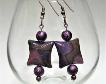 Earrings Polymer Clay with Foil Beads and Faux Pearls Brown Pink Purple Antique Copper Dangle Drop Earwires Lightweight