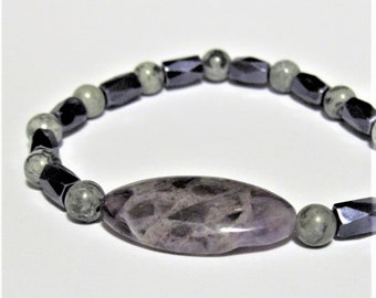 7.25 inch Magnetic Stretch Bracelet Deep Purple Hematite with Dog Tooth Jasper Focal and Gray Jasper Beads Therapy Healing Therapeutic
