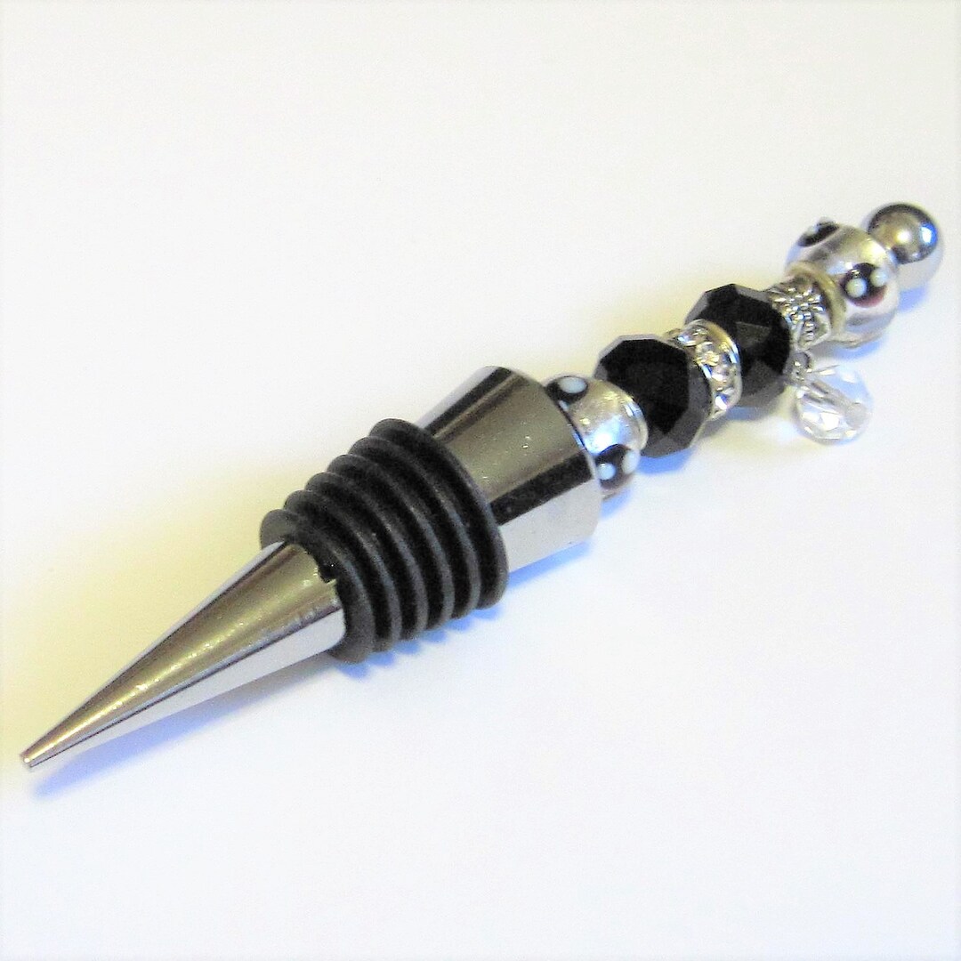 Wine Bottle Stopper Lamp Work Beaded OOAK Black Crystal and Silver Bar