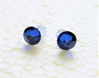 Majestic Blue Crystal Post Style Earrings 7mm Hypo Allergenic Nickel Free Studs Swarovski