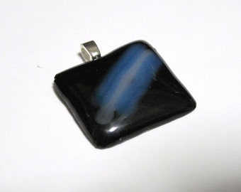 Fused Glass Pendant Necklace Abstract Black Blue White
