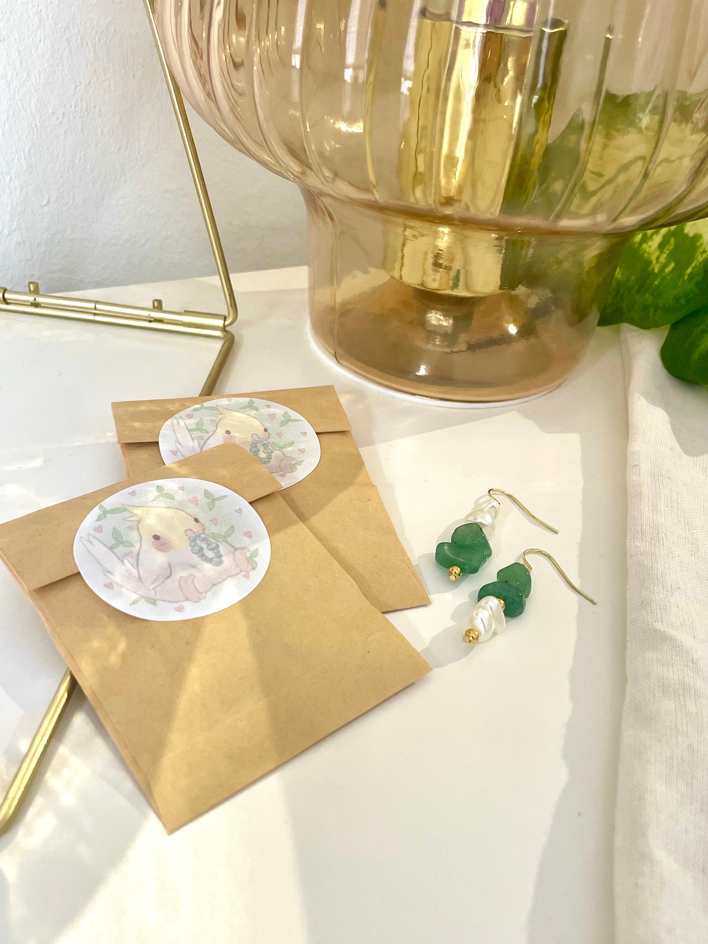 Boucles D'Oreilles En Argent Sterling Avec Perles De Culture Et Aventurine - Plaqué Or Jaune - Marque Rose-Mimosa - Neuf Avec Étiquettes