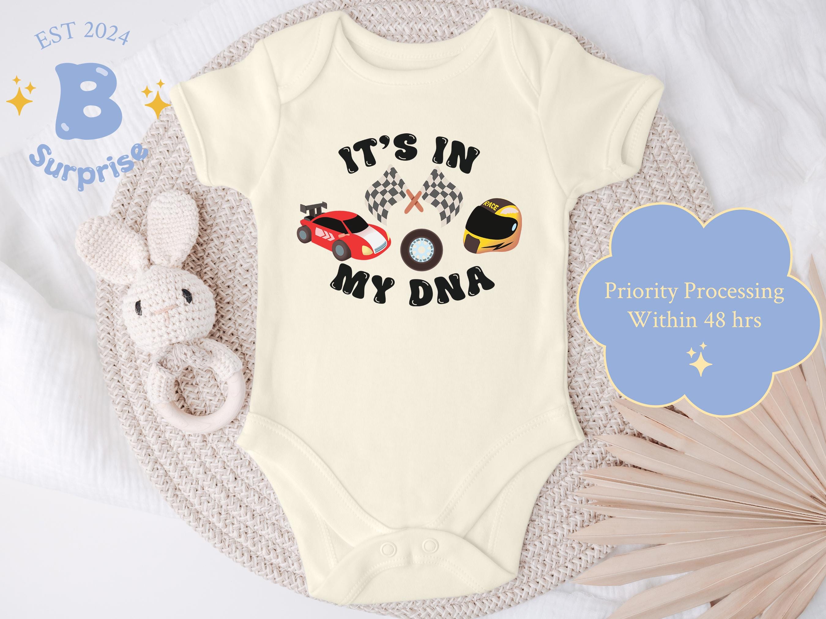 It's In My DNA Race Car Baby Bodysuit - Checkered Flag Infant Outfit & Racing Fans Gift - Onesie® in Natural Cream