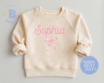 Personalized Coquette Name Sweatshirt for Girls - Pink Bow Custom Kids Crewneck - Soft Natural Shirt