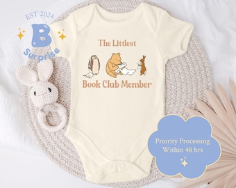Classic Pooh Bodysuit | Littlest Book Club Member Onesie® | Pooh and Friends Design | Natural Baby Bodysuit | Vintage Storybook Theme