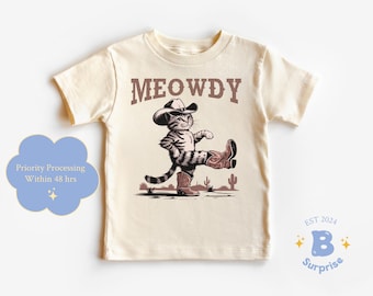 Cowboy Cat Toddler Tee - 'Meowdy' Western Cat Shirt for Kids - Retro Natural T-Shirt