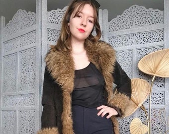 Penny Lane Mantel Frauen Pelzmantel Lang Boho Lammfell Mantel Langer Mantel Afghanischer Mantel Wollmantel Hippie Braun Vintage 70 Toscana Pelzbesatz Trenchcoat