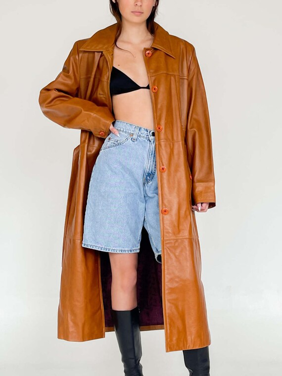 Women Leather Trench Coat Brown Vintage 80s Genuine Leather
