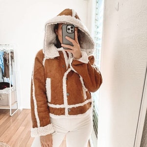Penny Lane Coat Shearling Coat Hooded Brown Fur Coat 70s Vintage Hippie Coat Natural Shearling Boho Fur Jacket Afghan Coat Wool Retro Coat