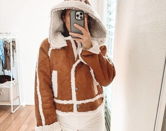 Penny Lane Mantel Shearling Mantel Kapuze Braun Pelzmantel 70er Jahre Vintage Hippie Mantel Natur Lammfell Boho Pelz Jacke Afghanischer Mantel Wolle Retro Mantel