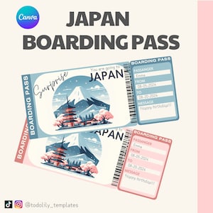 Japan travel boarding pass ticket, editable in canva flight boarding ticket, surprise trip gift voucher for loved one husband wife present