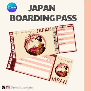Japan travel boarding pass ticket, editable in canva flight boarding ticket, surprise trip gift voucher for loved one husband wife present