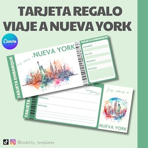 New York travel boarding pass, surprise vacation NY travel ticket editable canva template, surprise gift plane ticket, coupon voucher