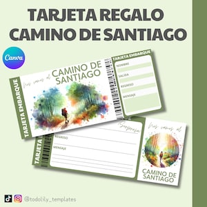 tarjeta regalo hacer Camino De Santiago vale sorpresa, ticket viaje sorpresa personalizable, billete avión editable Canva cupón experiencia