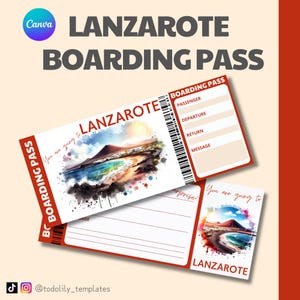 Voucher de bilhete de embarque para viagem em Lanzarote, modelo de cupom de companhia aérea de viagem editável, presente surpresa de cupom de férias nas Ilhas Canárias