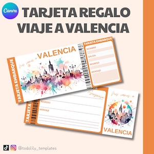Valencia travel gift card, customizable surprise travel ticket, editable Canva plane ticket for vacation gift, surprise getaway voucher