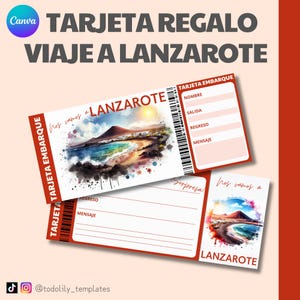 Lanzarote travel gift card, customizable surprise travel ticket, editable Canva plane ticket for vacation gift, surprise getaway voucher