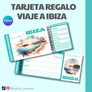 tarjeta regalo viaje Ibiza, ticket viaje sorpresa personalizable, billete avión editable Canva regalo vacaciones, vale escapada sorpresa